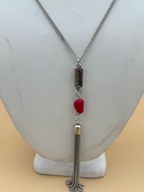 Silver Tassel Necklace with Red Bead Pendant - Women Jewelry 109